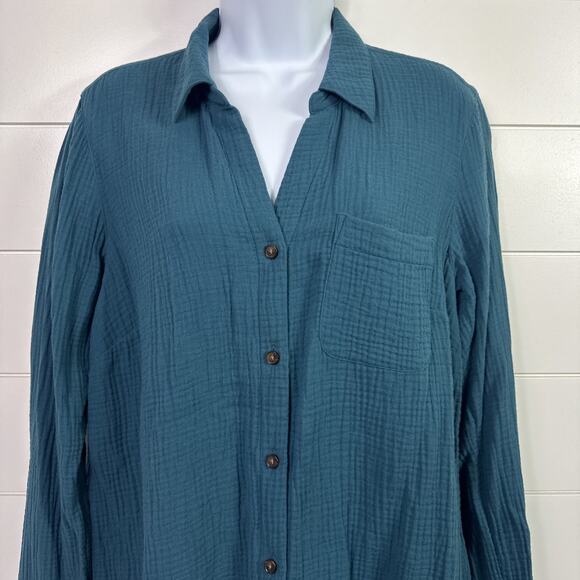 J. Jill Gauze Lightweight Button Front Shirt Teal Blue sz M Petite - Picture 2 of 7